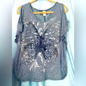 Faded Glory Casual shirt butterfly deco semi off shoulder.